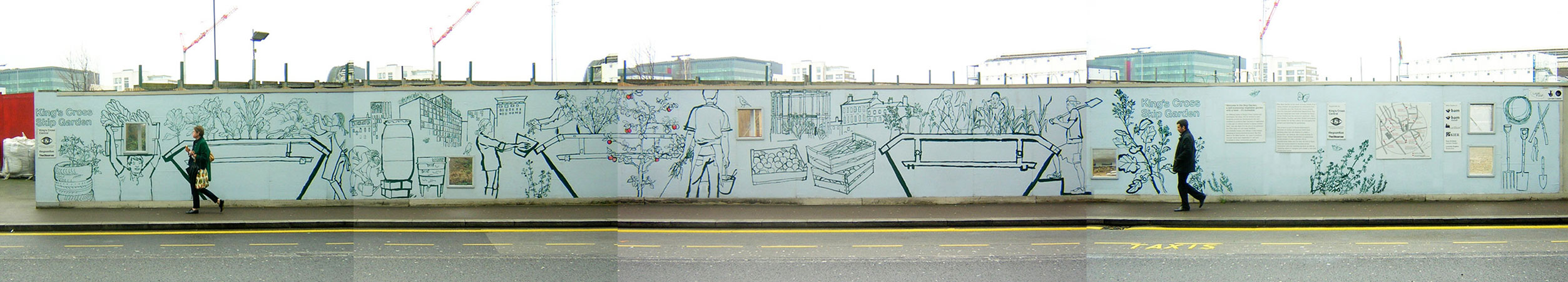 Kings Cross Skip Garden lucinda rogers drawing london kingscross street scene advertising hoarding kings cross black and white illustration skip garden