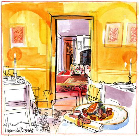 Restaurant Review lucinda rogers illustration watercolour restaurant royal oak yattendon andrew lloyds webber column