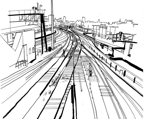 lucinda rogers dictionary of urbanism black and white ink drawing illustration railway tracks trains london