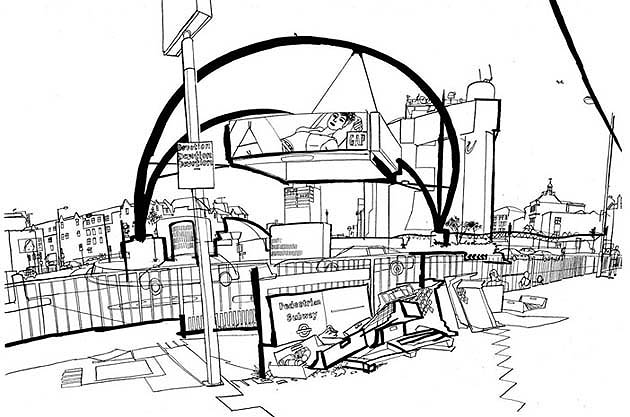 lucinda rogers dictionary of urbanism black and white ink drawing illustration old street london roundabout advertising billboards underground
