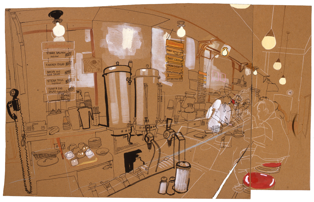 lucinda rogers ink drawing Eisenbergs Sandwich flatiron new york city diner street scene