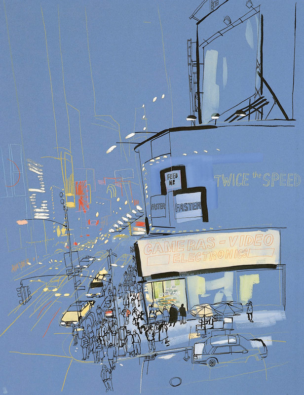 lucinda rogers drawing pen and ink Prints for Sale blue times square new york cityscape street scene traffic night
