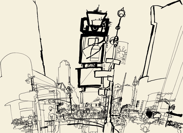 lucinda rogers ink line drawing Times Square new york cityscape street scene traffic 