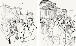 protesters: two of the eighteen drawings recording impacts of the Israel Gaza conflict on the streets of New York